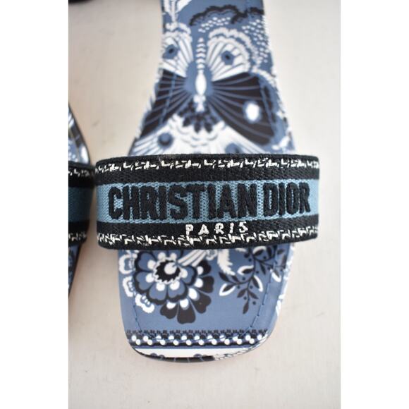 Dior Bandana Embroidered Black Blue Dway Heeled Sandal Strap Low Heel Pump 40 - Picture 8 of 13